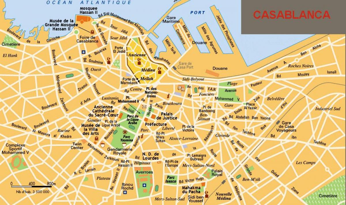 カサブランカ市内中心部のマップ