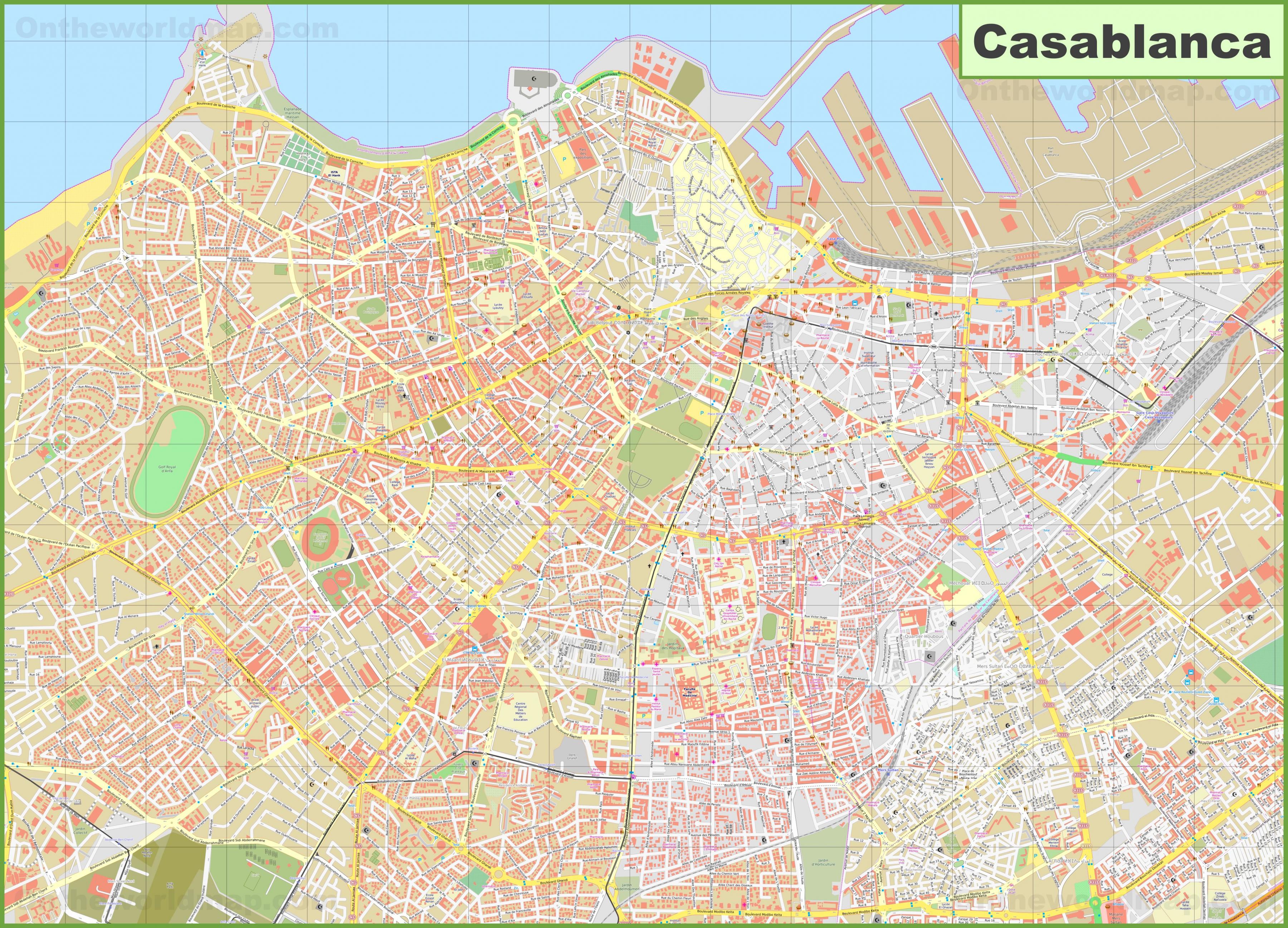 カサブランカマップ モロッコのカサブランカの交通地図と観光地図